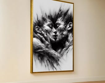 Embrace of Souls Canvas, Romantic Couple Art, Black and White Wall Decor, Abstract Love Painting, Intimate Expression Canvas