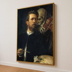Artist and Death Painting Canvas, Dark Vintage Wall Art, Morbid Skeleton Violinist, Classic Portrait Decoration, Gothic Home Canvas Art