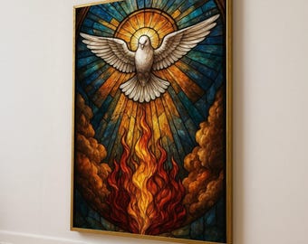 White Dove with Radiant Halo Canvas, Stained Glass Style Wall Art, Spiritual Flame Canvas, Religious Home Decoration, Inspirational Wall