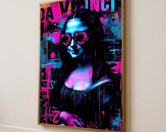 Lienzo moderno de Mona Lisa, arte de grafiti de neón, decoración de pared de cultura pop, lienzo de arte callejero urbano, decoración contemporánea del hogar