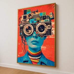 Futuristic Woman with Vintage Tech Headset Canvas, Cyberpunk Digital Art, Retro Sci-Fi Wall Decor, Surreal Portrait Print, Modern Pop Art