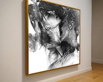 Passionate Embrace Canvas Art: Sensual Couple Sketch, Modern Black and White