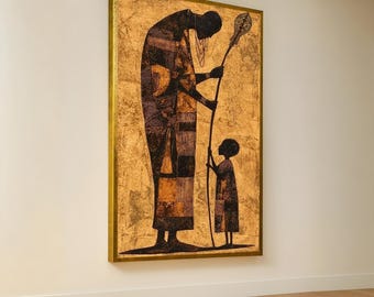 African Mother and Child Canvas Art: Tribal Silhouette, Earth Tones