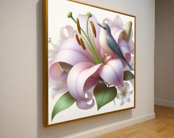 Bluebird on Pink Lily Canvas, Floral Bird Wall Art, Soft Pastel Flower Canvas, Nature Home Decoration, Elegant Botanical Print