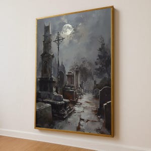 Moonlit Cemetery Path Canvas Wall Art, Gothic Graveyard Scene, Haunted Night Landscape, Dark Spooky Home Decor, Halloween Canvas Decoration