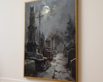 Gothic Graveyard Canvas Art: Moonlit Cemetery Path, Spooky Halloween Decor