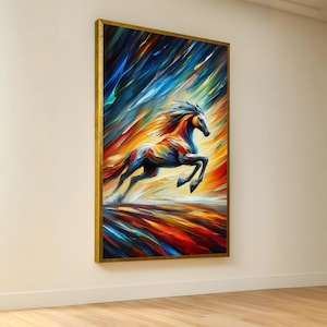 Puede incluir: Una pintura vibrante de un caballo en movimiento, sobre un fondo de pinceladas dinámicas en tonos de azul, naranja y amarillo. La forma del caballo está representada con una paleta de colores, enmarcada en un borde dorado.