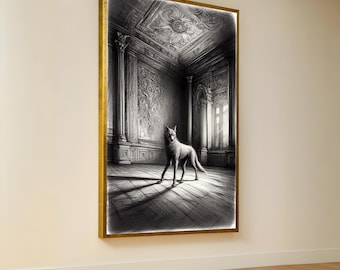 Mystical Fox Ornate Room, Monochrome Animal Canvas, Elegant Wall Art, Gothic Interior Design, Black and White Canvas Decoration