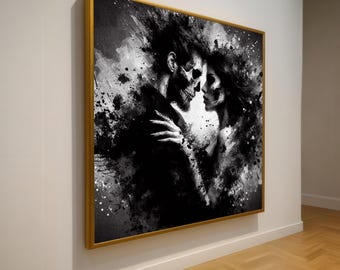 Gothic Romance Couple Canvas, Skull Face Art, Dark Love Wall Décor, Black White Abstract Canvas, Haunted Embrace Canvas Art