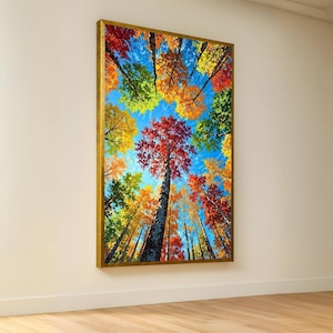 Vibrant Autumn Trees Canvas, Colorful Fall Foliage Wall Art, Nature Forest Scene, Seasonal Home Decor, Tall Trees Perspective Canvas