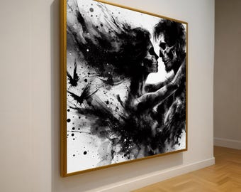Gothic Couple Skull Embrace Canvas, Dark Romance Wall Art, Black and White Abstract Love Decor, Skeleton Portrait Canvas, Halloween Theme