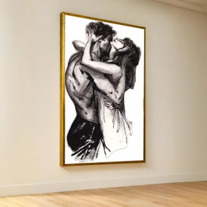 Romantic Embrace Canvas Wall Art, Passionate Couple Drawing, Black and White Lovers Art, Intimate Relationship Canvas, Modern Home Decor