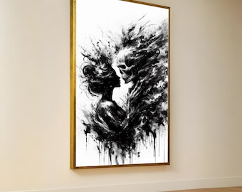 Dark Romantic Embrace Canvas, Gothic Skull Art, Black and White Wall Decor, Abstract Love Scene Canvas, Dramatic Home Decoration