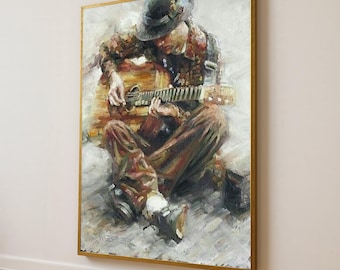 Street Musician Canvas Art: Urban Acoustic Guitar Painting