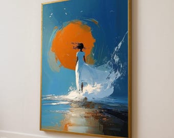 Lienzo abstracto de mujer: silueta moderna de atardecer, decoración de pared azul y naranja