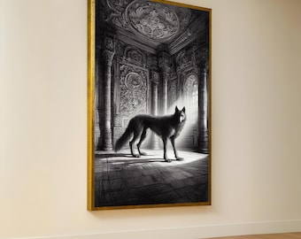 Majestic Black Wolf Ornate Palace, Gothic Architectural Canvas, Dramatic Light and Shadow, Mystical Animal Wall Art, Home Decor Painting