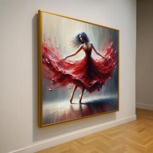 Canvas Elegante ballerinadans, rode jurkkunst, muurdecor balletvoorstelling, schilderij sierlijke beweging, hedendaagse canvaskunst