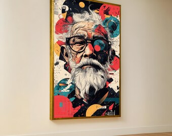 Abstract Elderly Man Portrait Canvas, Modern Geometric Wall Art, Urban Art Print, Colorful Contemporary Canvas, Home Decor Face Painting