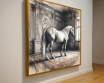 Elegant White Horse Drawing Canvas, Classic Interior Wall Art, Vintage Animal Sketch, Elegant Home Decoration, Ready to Hang Canvas