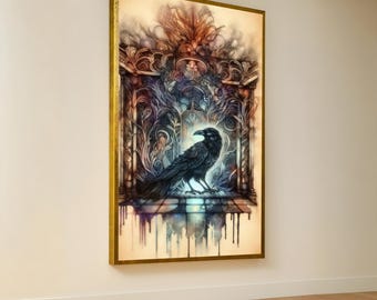 Mystical Raven Canvas Wall Art, Ornate Gothic Architecture, Dark Feathered Bird Illustration, Vintage Nature Scene, Home Decor Canvas