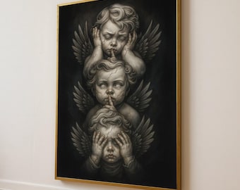 Arte en lienzo de querubines góticos oscuros: pintura de angelitos encantados