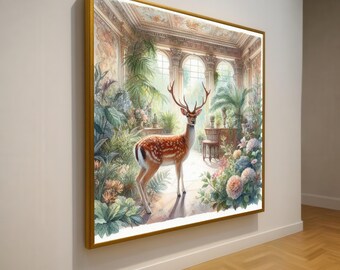 Elegant Deer Sunlit Conservatory Canvas, Botanical Wall Art, Classical Interior Scene, Nature and Wildlife Canvas Decoration