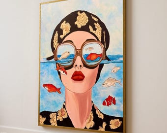 Surreal Fish Reflection Canvas Art: Woman with Goggles, Abstract Ocean Scene