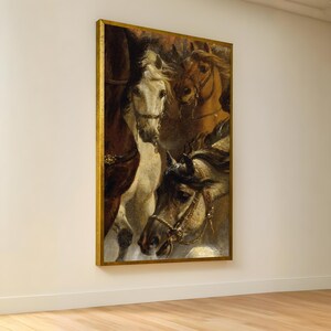 Elegant Horses Canvas Wall Art, Classic Equestrian Painting, Rustic Animal Artwork, Vintage Horse Portrait, Farmhouse Decor Canvas