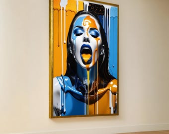 Abstract Dripping Paint Woman Canvas, Modern Art Portrait Wall Decor, Blue Orange Face Paint Canvas, Expressionist Home Decoration