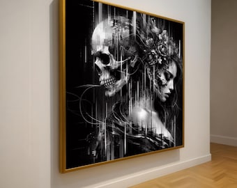 Dark Elegance Canvas, Woman and Skull Art, Gothic Floral Portrait, Black and White Wall Decor, Dramatic Canvas Painting, Home Decoration