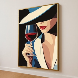 Elegant Woman with Wine Glass Canvas, Modern Art Wall Decor, Sophisticated Lady Portrait, Red Wine Illustration, Chic Home Decoration