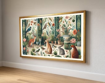Woodland Creatures and Garden Birds Canvas, Floral Botanical Wall Art, Nature Decor with Deer and Rabbits, Greenery Indoor Canvas Design