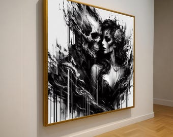 Romantic Skeleton Embrace Canvas, Dark Gothic Wall Art, Surreal Love Illustration, Black and White Canvas, Moody Home Decoration