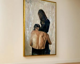 Romantic Couple Canvas Art: Intimate Embrace, Modern Figurative Decor