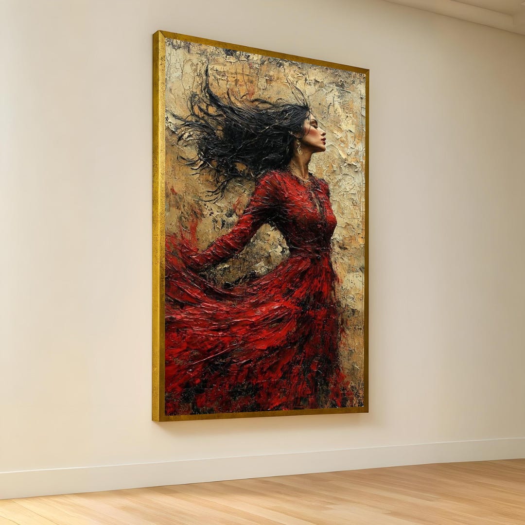 Elegant Woman in Flowing Red Dress Canvas, Modern Portrait Wall Art ...