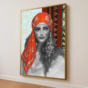Ethnic Portrait Canvas Wall Art, Traditional Red Headscarf, Cultural Home Decor, Woman Face Painting, Bohemian Style Canvas, Ready to Hang