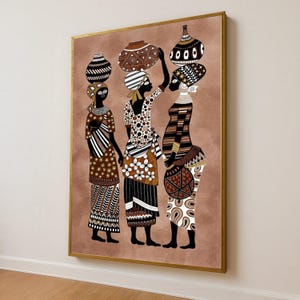 African Women in Traditional Dress Canvas, Ethnic Wall Art, Tribal Culture Painting, Boho Home Decor, Brown Tones Canvas Art
