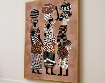 Lienzo de mujeres africanas con vestimenta tradicional, arte mural étnico, pintura tribal, decoración bohemia para el hogar, lienzo en tonos marrones