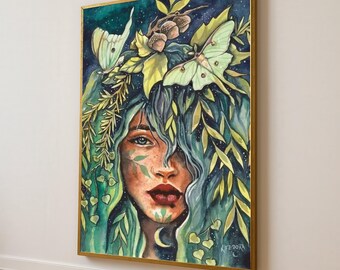 Enchanted Forest Woman Canvas, Nature Spirit Portrait Wall Art, Green Foliage and Moth Design, Mystical Botanical Canvas, Home Decor Art