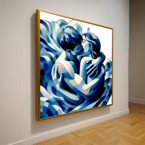 Abstract Couple Embrace Canvas: Blue Toned Modern Art