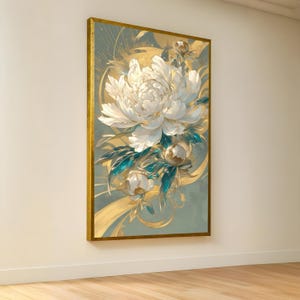 Elegant White Peony Canvas, Gold Accents Floral Wall Art, Modern Botanical Canvas, Luxury Home Decor, Ready to Hang Artwork