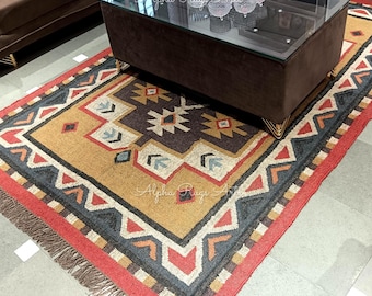 Southwestern Navajo Wool Jute Area Rug | Vintage Kilim Pattern | Handmade Flatweave | Mustard Yellow Base | Indian Style Border Rug