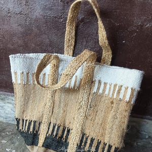 Handwoven Jute Tote Bag: Boho Tribal Design, Beige & Black Stripes