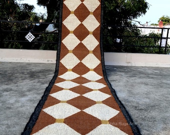 Brown Kilim Stair Runner Geometric Diamond Rug Boho Tribal Runner Handmade Wool Jute Flatweave Hallway Carpet Custom Rug