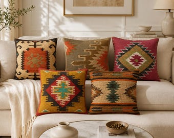 Set van 5 handgemaakte kelim kussenhoes, wollen jute kussensloop, Turks tribal sierkussen, decor boho boerderij, rustiek bankkussen