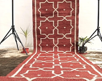 Alfombra Kilim de yute y lana tejida a mano, alfombra geométrica burdeos para pasillo, alfombra para escaleras hecha a mano, alfombra de entrada de tejido plano, decoración estilo granja bohemia