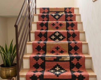 Kilim Stair Runner Rug, Geometric Aztec Hallway Runner, Southwestern Flatweave Rug, Boho Coral Pink Entryway Rug, Hallway Runner Custom Size
