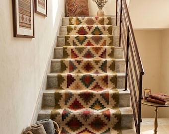 Kelimtraploper - Handgemaakte kelimloper, vintage Azteekse motiefstijl, hal en keukendecor Veelkleurige kelimtraploper Gangloper