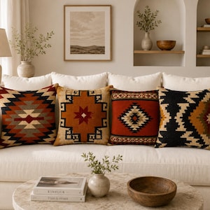 Wool Jute Kilim Pillow Cover Set Of 4, Southwestern Geometric Cushion, Aztec Throw Pillow, Kilim Pillow Cover, Rustic Earthy Accent Pillow