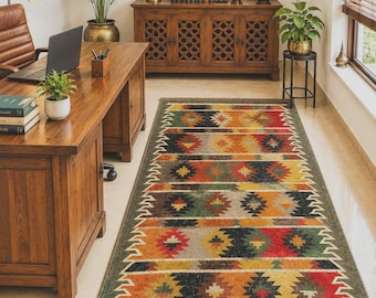 Handwoven Wool Jute Kilim Runner Rug, Southwestern Tribal Runner Rug, Aztec Hallway Runner, Boho Rustic Entryway Rug, Vintage kilim Rug